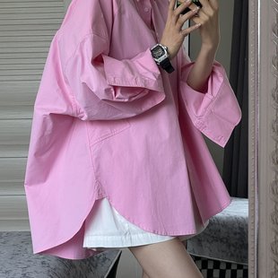 樱花粉简约纯色衬衫女2025新款小众设计感宽松显瘦衬衣