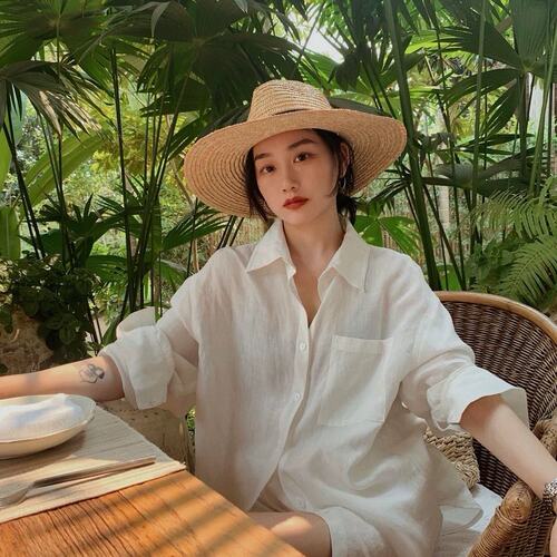 网图2025夏季亚麻防晒长袖衬衫百搭衬衣女极简棉麻阔腿裤两件套