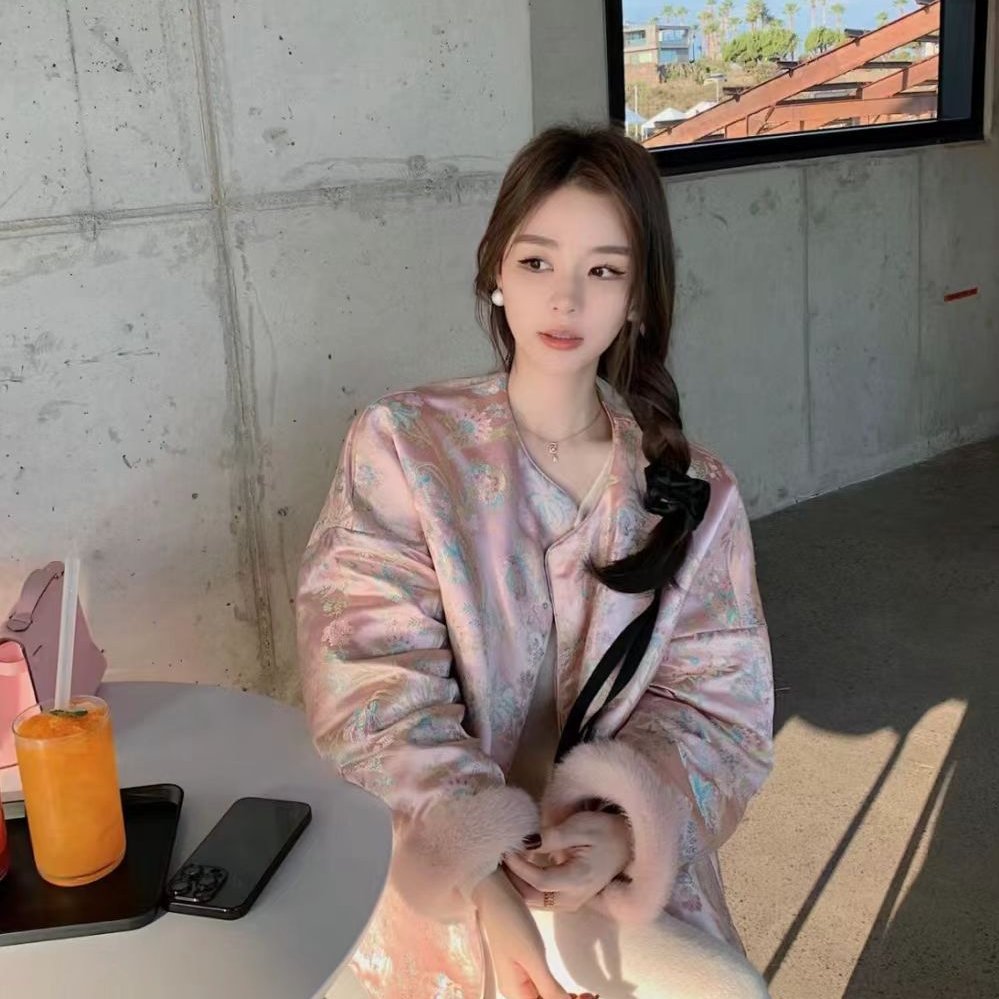 复古新中式缎面棉衣外套女装秋冬新款高级感独特洋气国风毛毛上衣