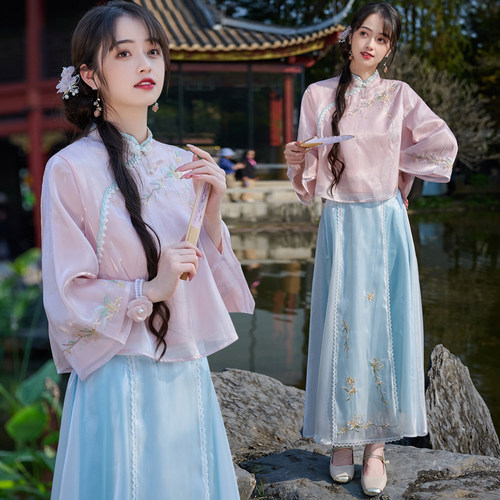 实拍新中式气质汉服重工立领盘扣斜襟上衣蕾丝刺绣改良半身裙套装