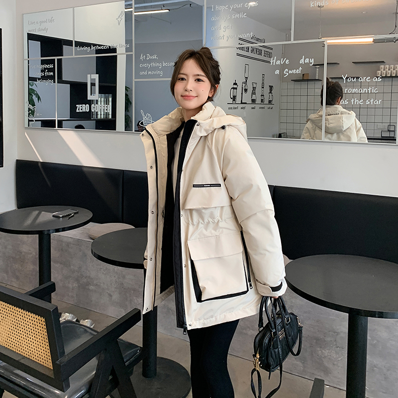 实拍佟丽娅明星同款2025冬羽绒棉服女中长款连帽收腰简约工装外套