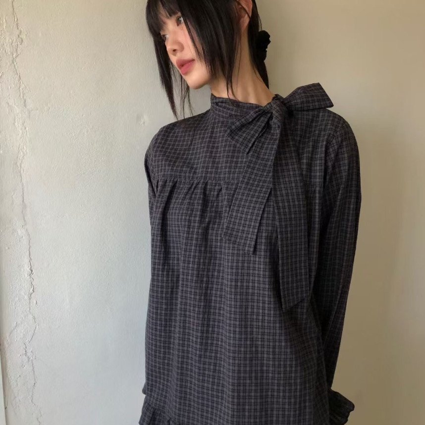 已出货韩国复古格子领口飘带蝴蝶结系带荷叶边泡泡袖衬衫日系上衣