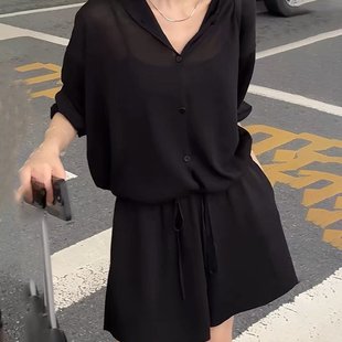 气质黑色短裙套装 2024新款 休闲连帽防晒衬衫 夏装 裙 搭配一整套时尚