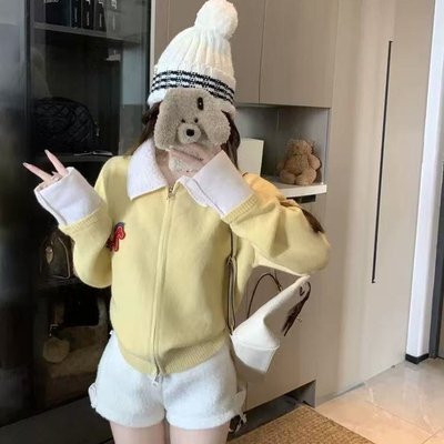 PPHOME甜美风毛领双拉链小马刺绣毛衣外套女秋冬显瘦百搭针织上衣