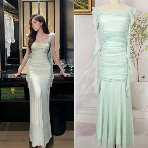 白水女 人鱼缪斯 海边度假连衣裙气质褶皱显瘦包臀长裙B50752530