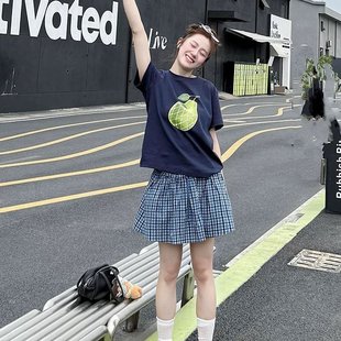 小个子夏日ootd穿搭蓝色格子短裙半身裙套装 印花连衣裙女2025新款