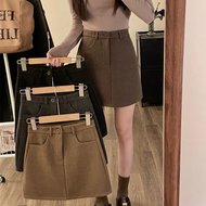 大码裙子防走光毛呢半身裙女秋季高腰包臀裙百搭A字裙黑色短裙潮