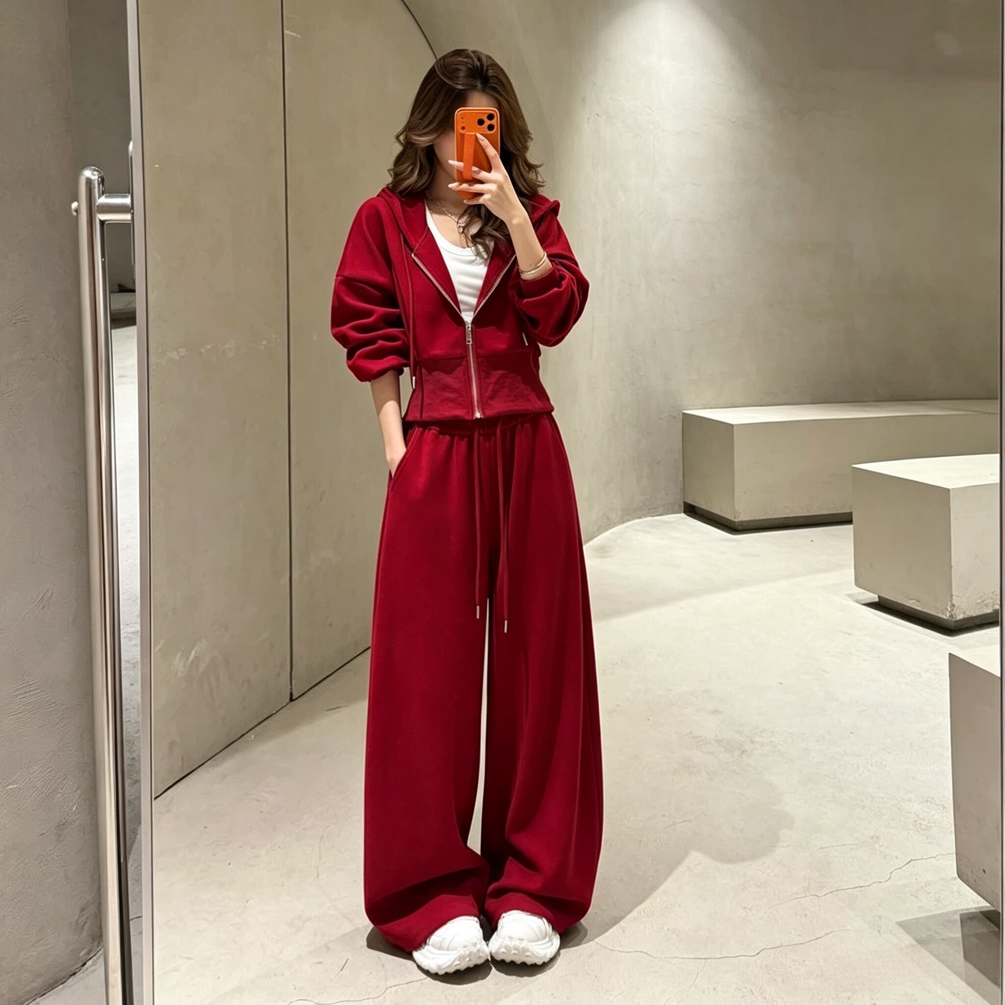 暮绒阔腿裤松弛韩风连帽休闲套装
