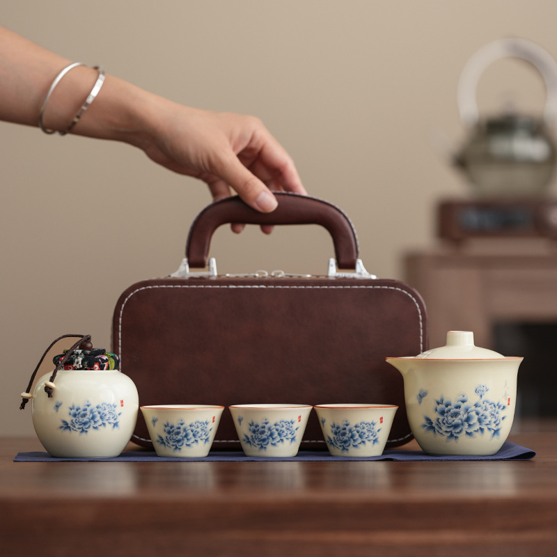 汝窑牡丹清韵便携旅行茶具套装陶瓷快客杯功夫茶具商务伴手礼品