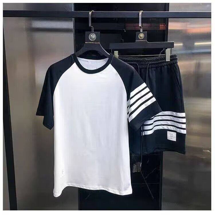 潮牌四杠条纹休闲运动套装男夏季帅气一套衣服搭配短袖短裤两件套