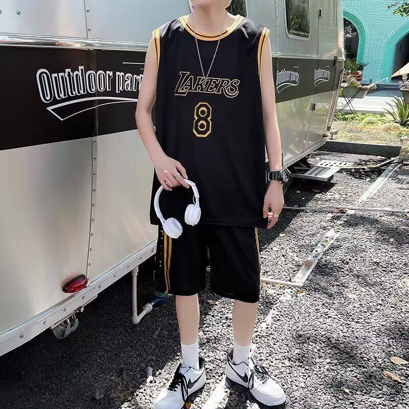 冰丝网眼篮球运动套装男潮牌ins无袖T恤背心休闲五分短裤一套衣服