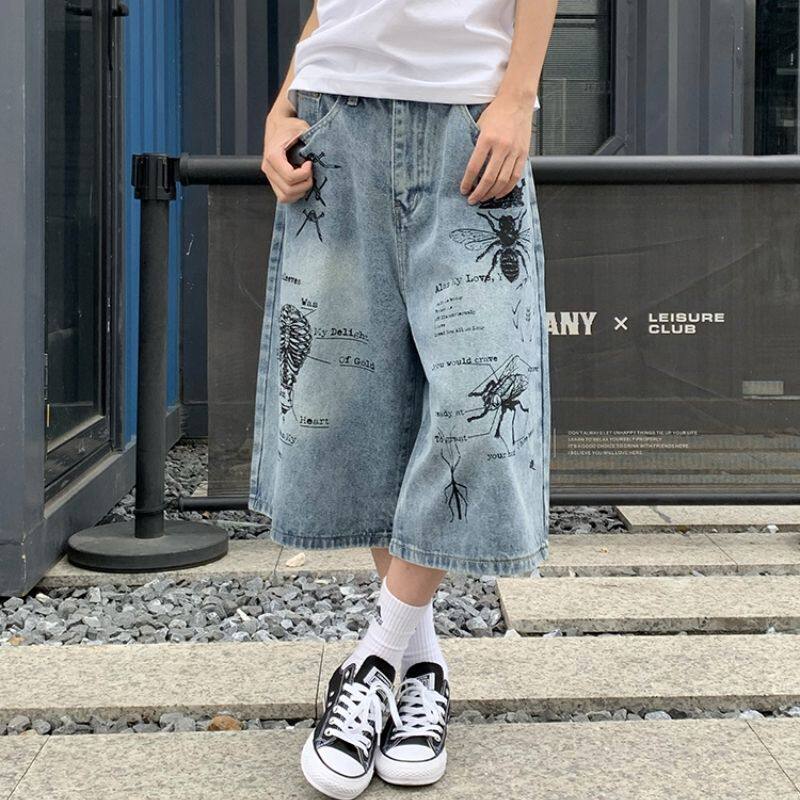 美式复古街头昆虫涂鸦印花牛仔短裤男女夏季宽松阔腿裤子七分中裤