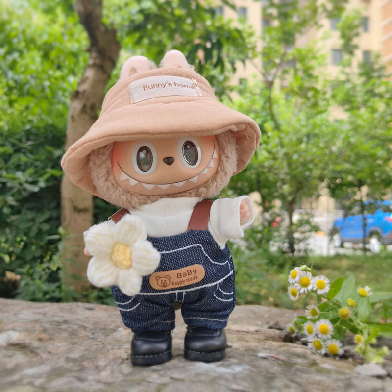 17cm拉布布盲盒挂件衣服春野套装炫酷花朵背带裤