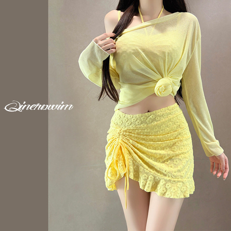 大码泳衣女款分体三件套长袖防晒纯色微胖女孩遮肉泡温泉度假泳衣