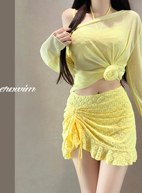 大码泳衣女款分体三件套长袖防晒纯色微胖女孩遮肉泡温泉度假泳衣