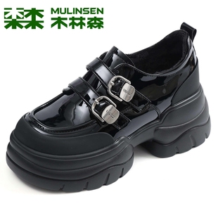 女英伦风百搭舒适牛漆皮鞋 木林森女鞋 厚底加绒乐福鞋 新款 2025冬季