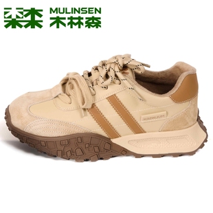 女厚底双系带运动休闲鞋 木林森女鞋 保暖加绒阿甘棉鞋 新款 2025冬季