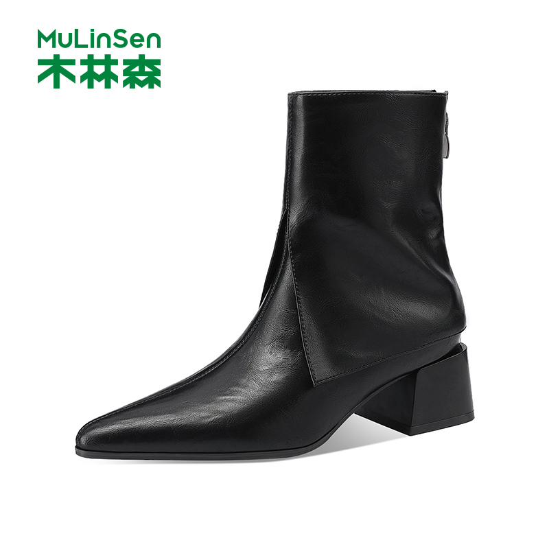 木林森气质短靴粗跟尖头时装靴
