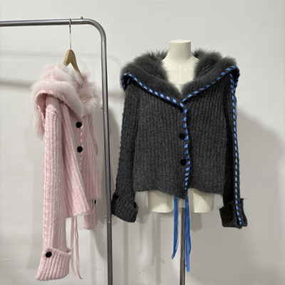 海军领真狐狸毛开衫毛衣外套女