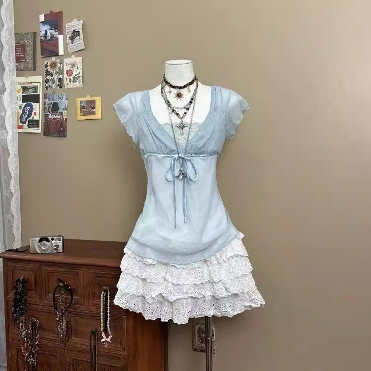 甜美古着Vintage日系森女假两件上衣高级感蛋糕半身裙子两件套装