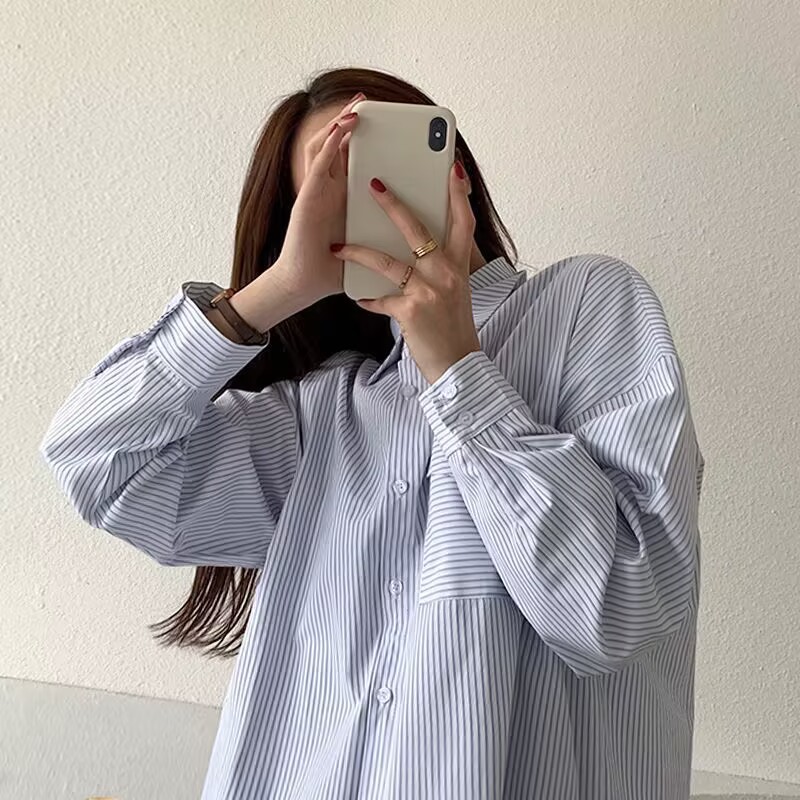 原感少女春季2025年新款韩版chic条纹衬衫设计感复古长袖上衣外套