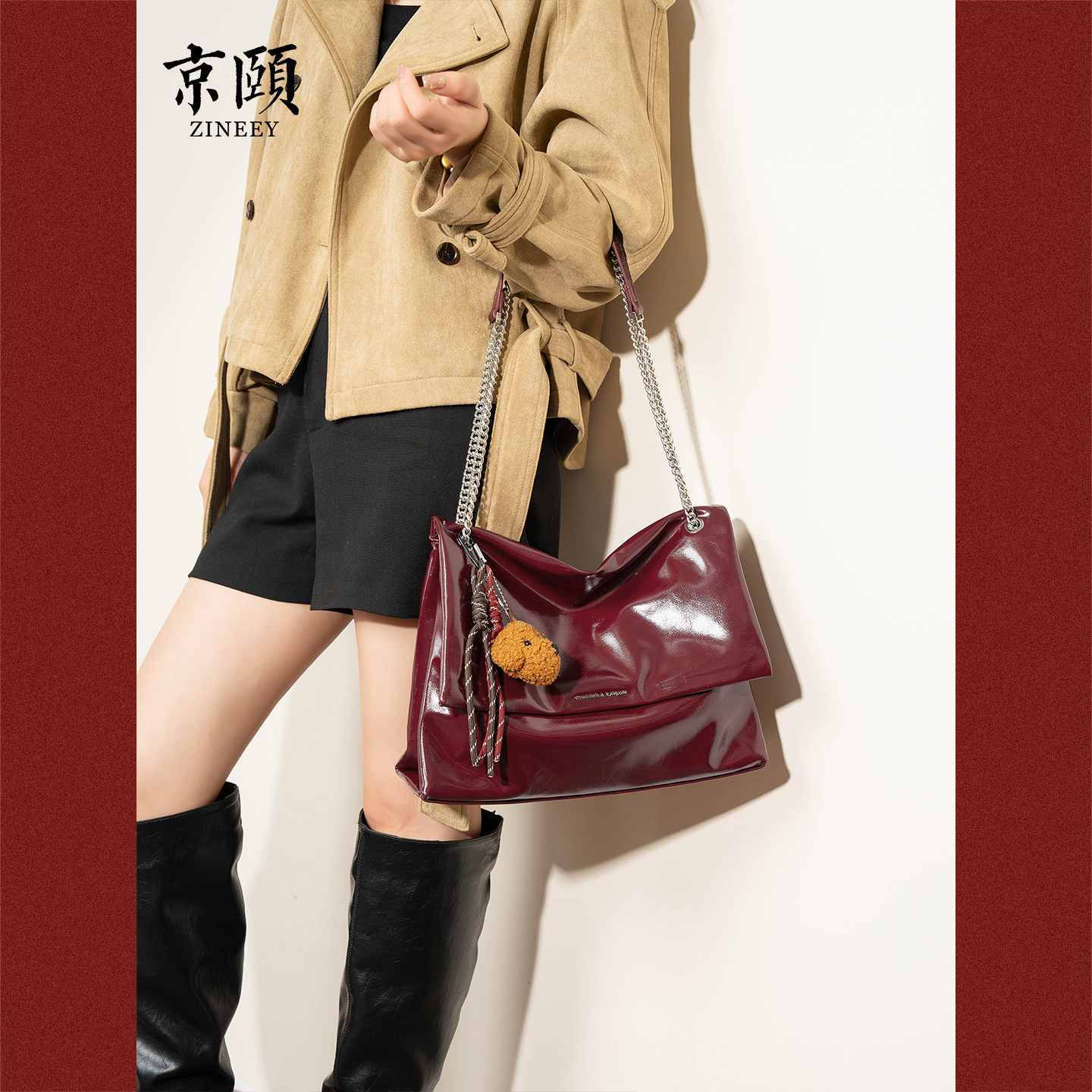 酒红色亮面油蜡皮链条托特包女大容量翻盖软包高级感新娘通勤大包