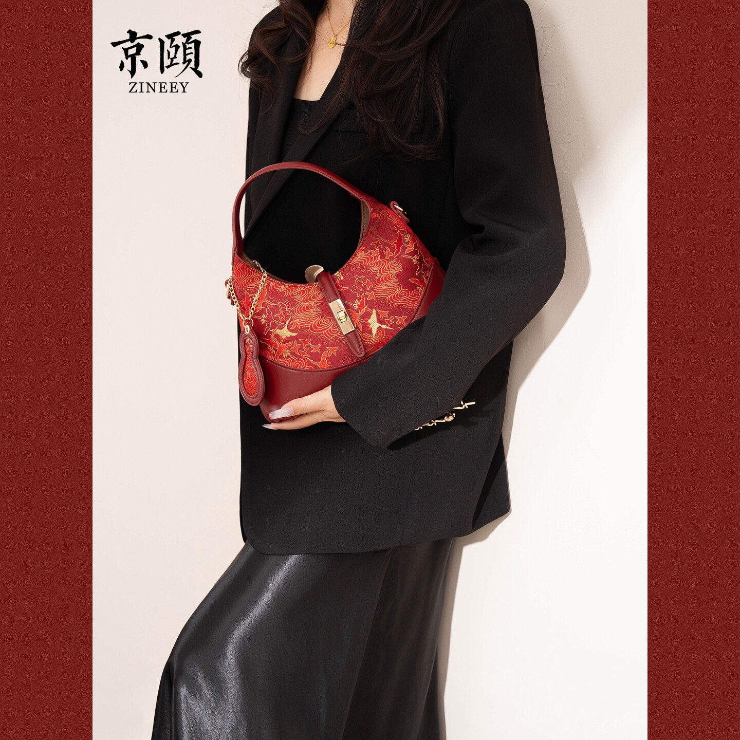 新中式织锦云鹤手提包酒红色葫芦斜挎包结婚新娘包国风婚宴送礼包