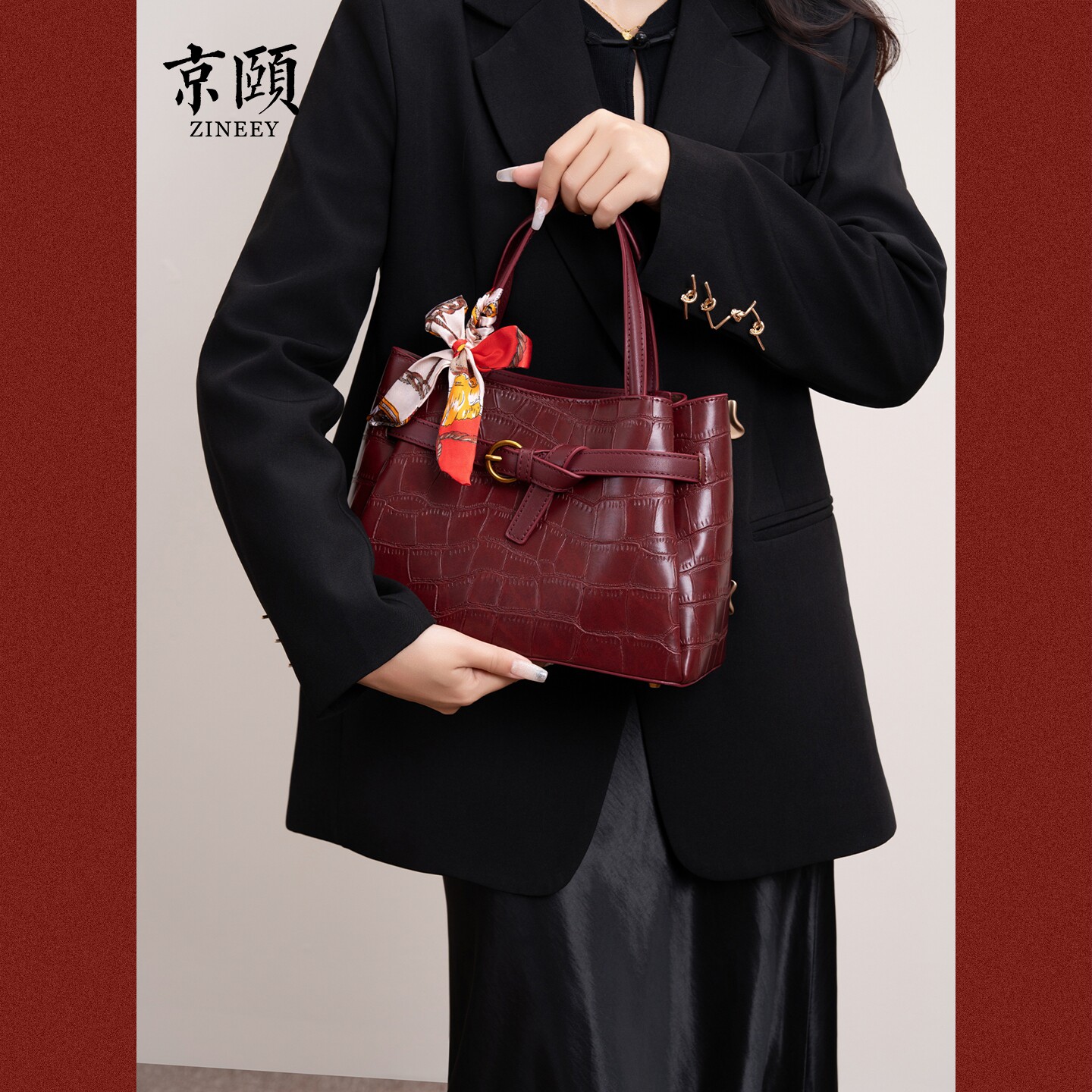 复古酒红鳄鱼纹托特包女油蜡皮喜婆婆婚宴手提包送礼新娘斜挎女包