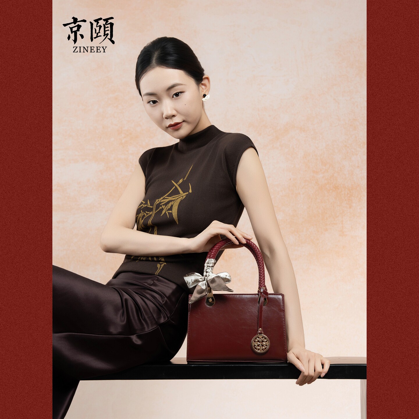 新中式酒红油蜡手提包喜妈妈婚宴包婚礼新娘包 中秋国庆婚礼首选