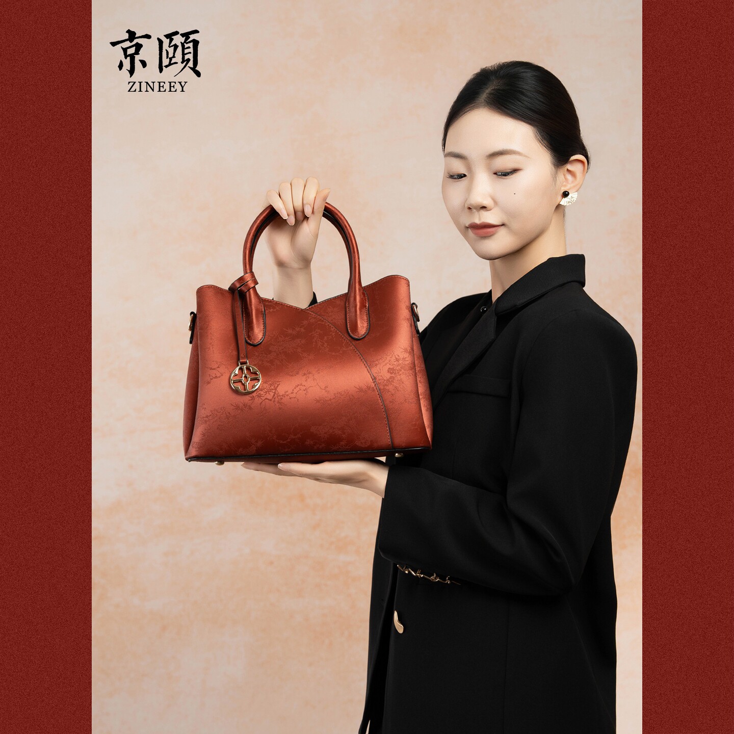 酒红色竹纹暗纹手提包喜妈妈七夕订婚国庆婚礼大容量通勤两用女包