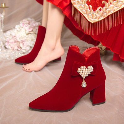 靴子高跟鞋两穿红色冬季粗跟婚鞋
