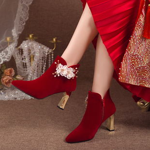 2025结婚新娘靴子秀禾婚纱两穿红色粗跟短靴新娘 加绒新款 婚鞋 冬季