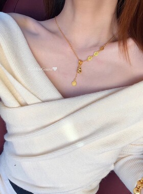 添福添禄~沙金福牌流苏葫芦吊坠项链女配饰小众气质毛衣链锁骨链