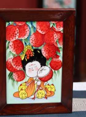 27*37新中式老榆木挂画洛阳手工瓷板画装饰摆件