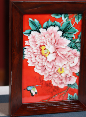 27*37新中式老榆木挂画洛阳纯手工瓷板画装饰画