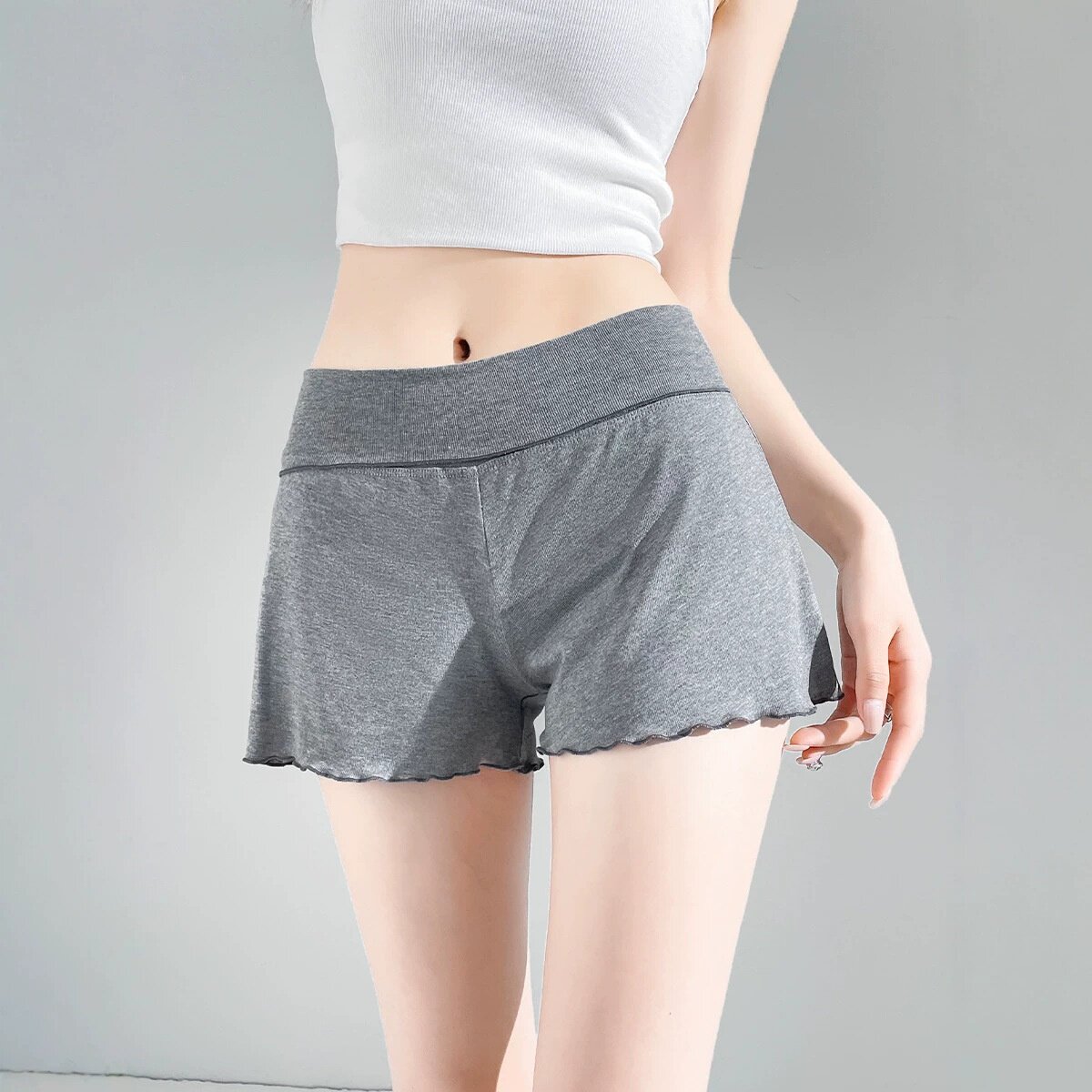 严选灰色螺纹人棉木耳边休闲短裤女6新外穿打底裤辣妹高腰休闲阔