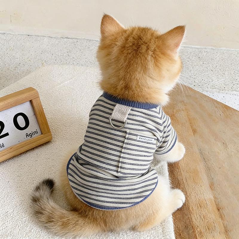 宠物衣服猫咪帅气条纹可牵引圆领两脚衣春秋薄款金渐层布偶猫衣服