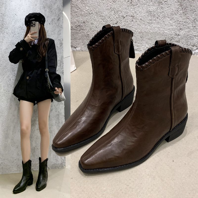 棕色软皮高跟短靴女2025新款