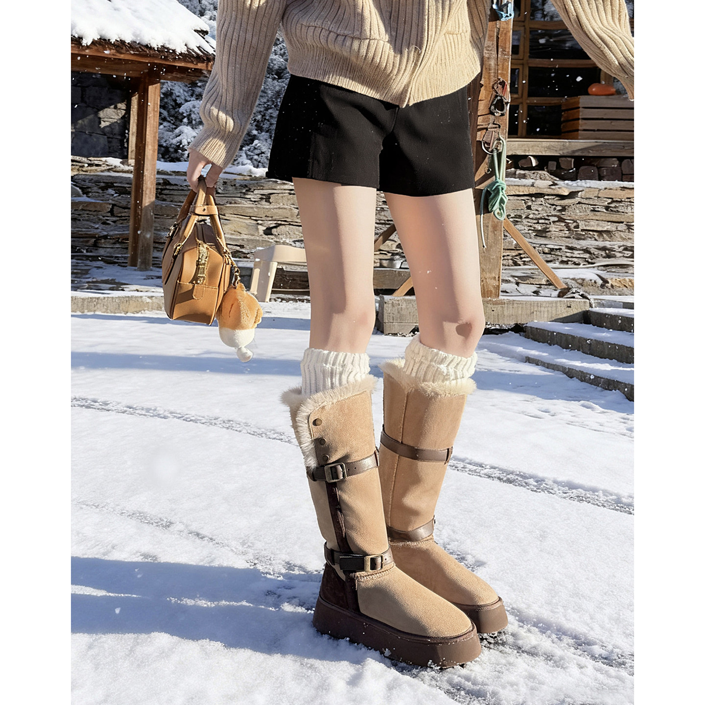 厚底雪地靴女冬季皮带扣高筒加绒