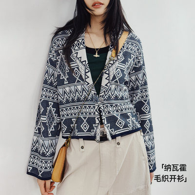马登复古纳瓦霍西装翻V领老钱风提花针织毛衣开衫薄短款外套女春