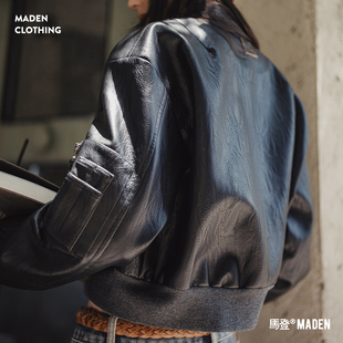 马登美式黑色飞行员棒球圆领短款版机车pu软小皮衣夹克外套女士秋