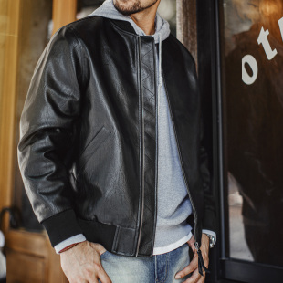 马登工装美式黑色MA1飞行员皮衣夹克痞帅短款荔枝纹短款外套男秋