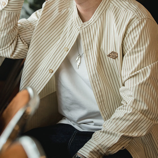 衬衫 复古竖细条纹立领长袖 日系休闲棒球衬衣外套男春 美式 马登工装