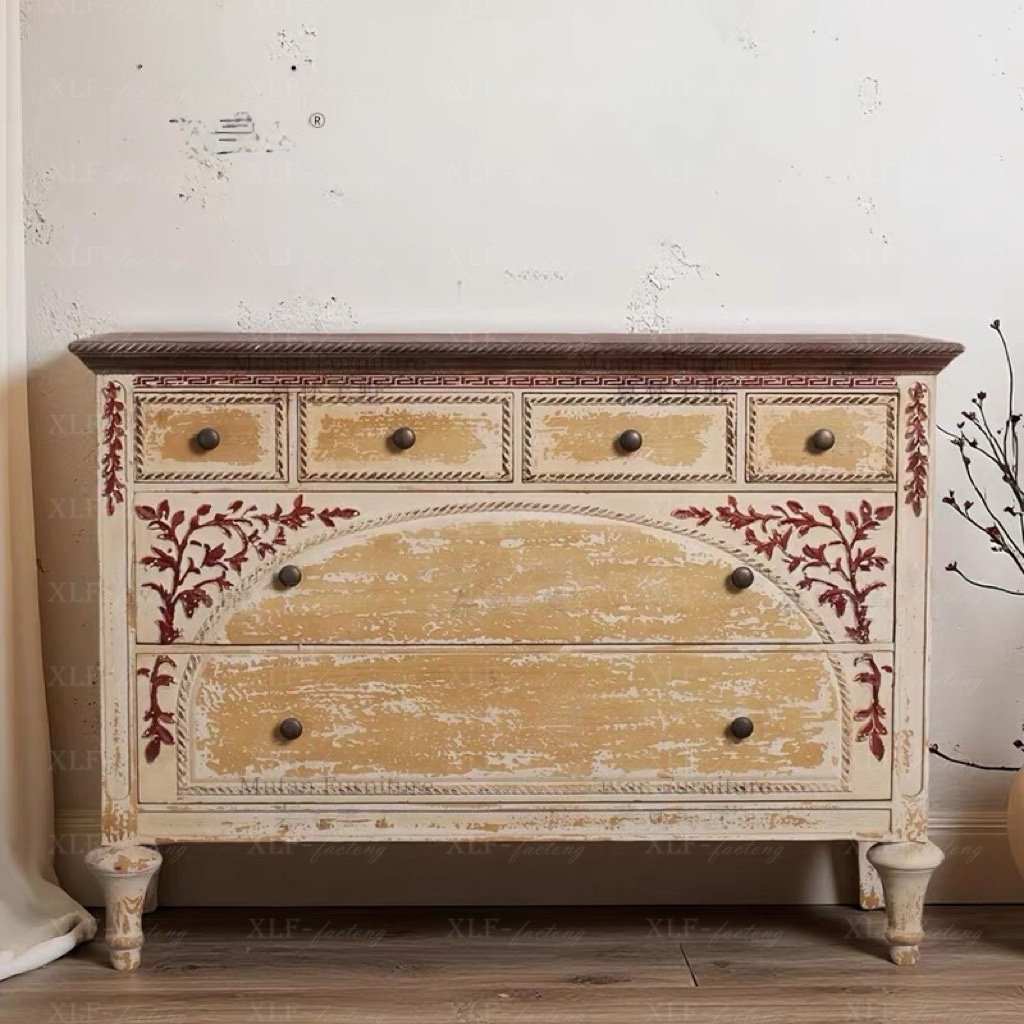 美式实木彩绘花卉玄关柜复古做旧抽屉储物柜落地式收纳柜门厅架