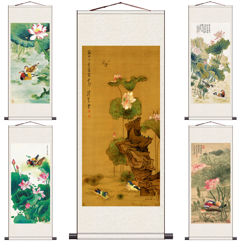 荷花鸳鸯图卷轴画丝绸画花鸟画绢画装饰画国画工笔画宣纸仿古画