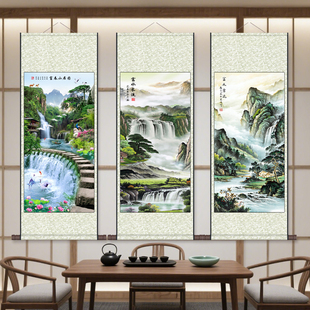 富水长流玄关风水画丝绸卷轴礼品画竖幅风景画国画送客户招财字画
