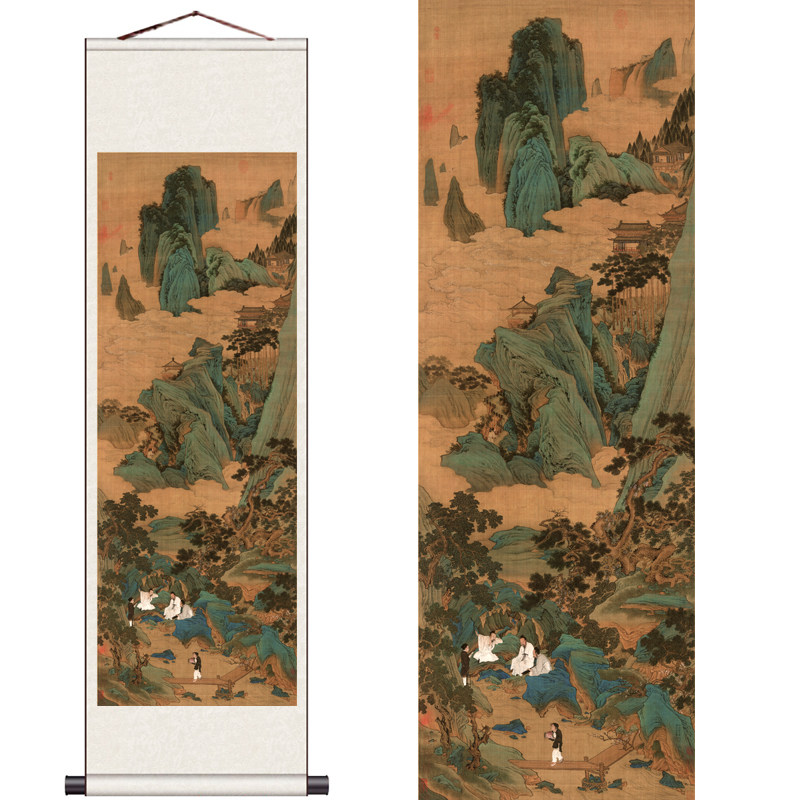 仿古画文徵明品茶图山水画水墨画装饰画国画仇英桃源仙境泛舟图