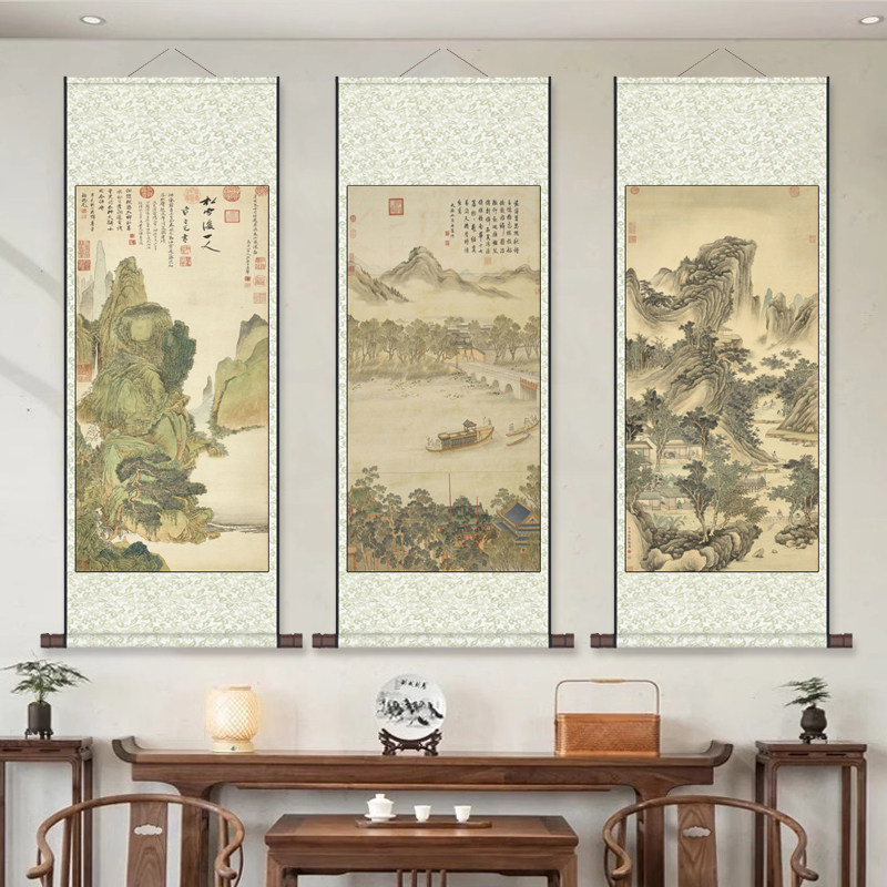 仇英莲溪渔隐图竖版茶室客厅装饰画书房玄关墙画中式丝绸卷轴挂画