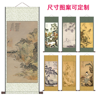 唐伯虎卷轴画唐寅山水画绢画丝绸画玄关装饰画明代仿古画水墨画