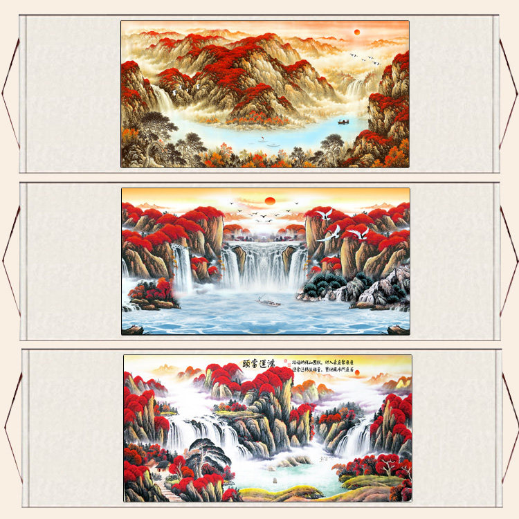 招财山水卷轴画鸿运当头丝绸画财源滚滚旭日东升横幅挂画泰山日出
